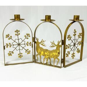 Gold Metal 3 Taper Candle Holder Reindeer Deer Snowflake Winter Holiday Decor